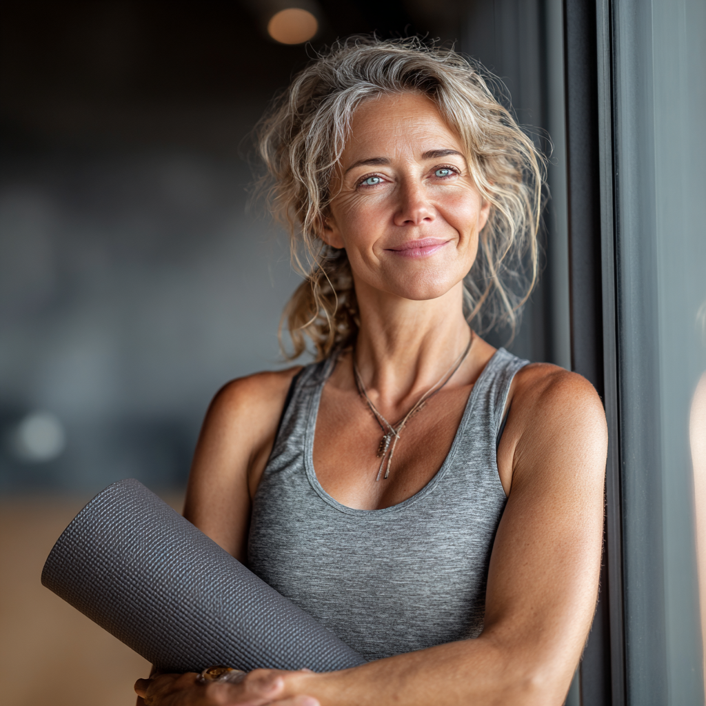 Confident middle-aged woman in her forties wearing athletic wear, smiling while holding a yoga mat in a modern fitness studio with natural lighting
