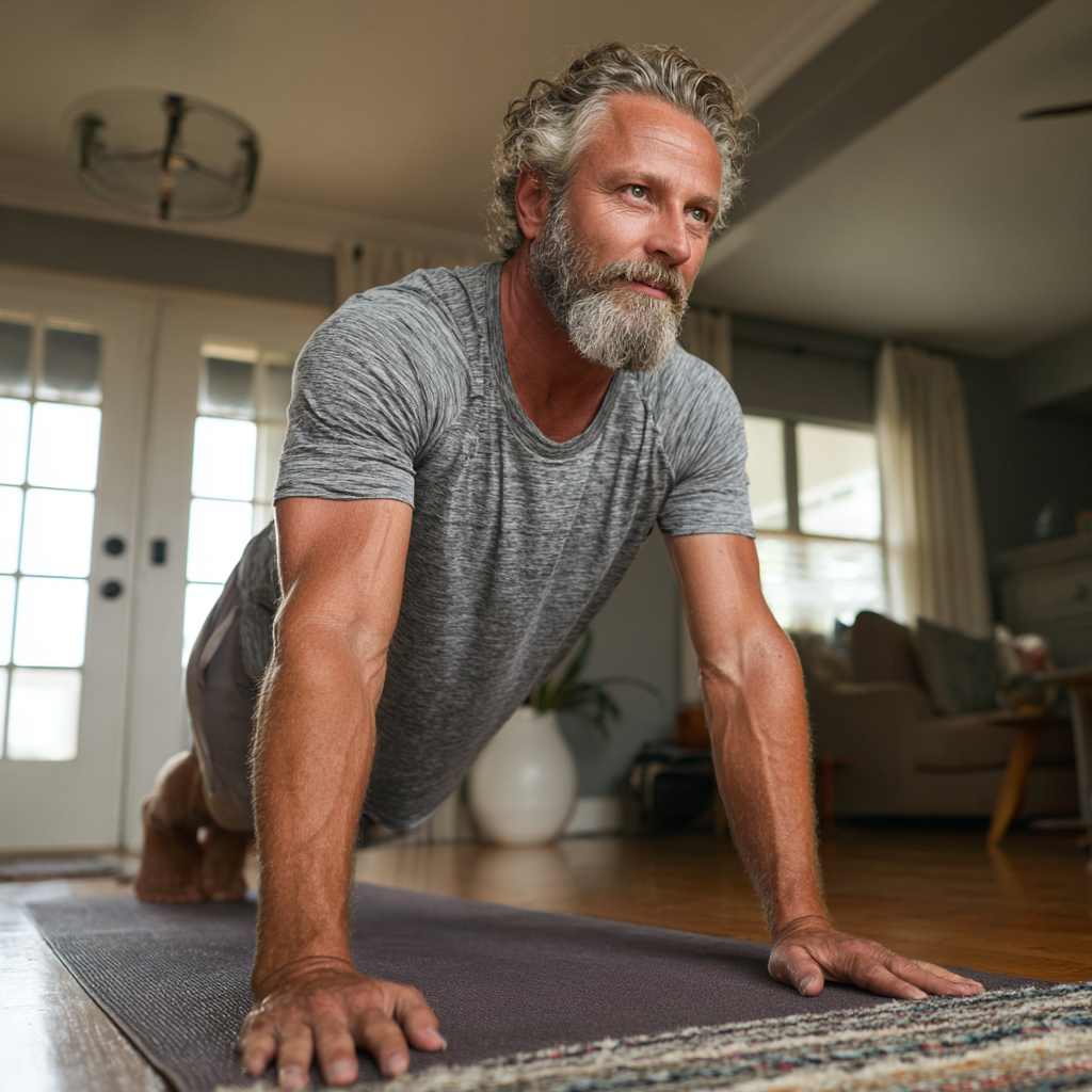 Mature man in his fifties performing stretching exercises on a yoga mat in a well-lit home environment, demonstrating flexibility and wellness practices